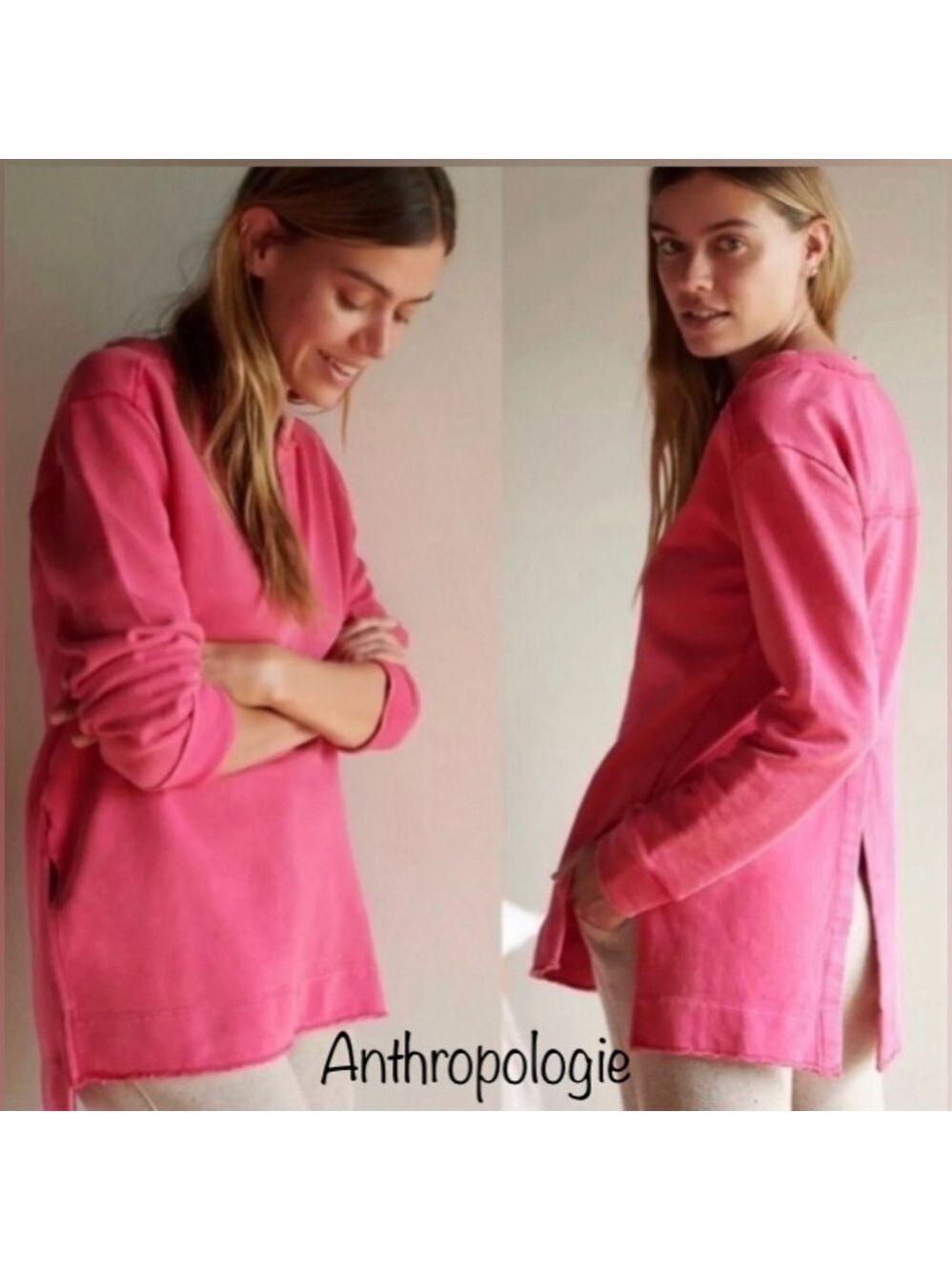 Anthropologie Pilcro XS Pink Oversized Split-Hem Tunic Top Shirt Sweatshirt